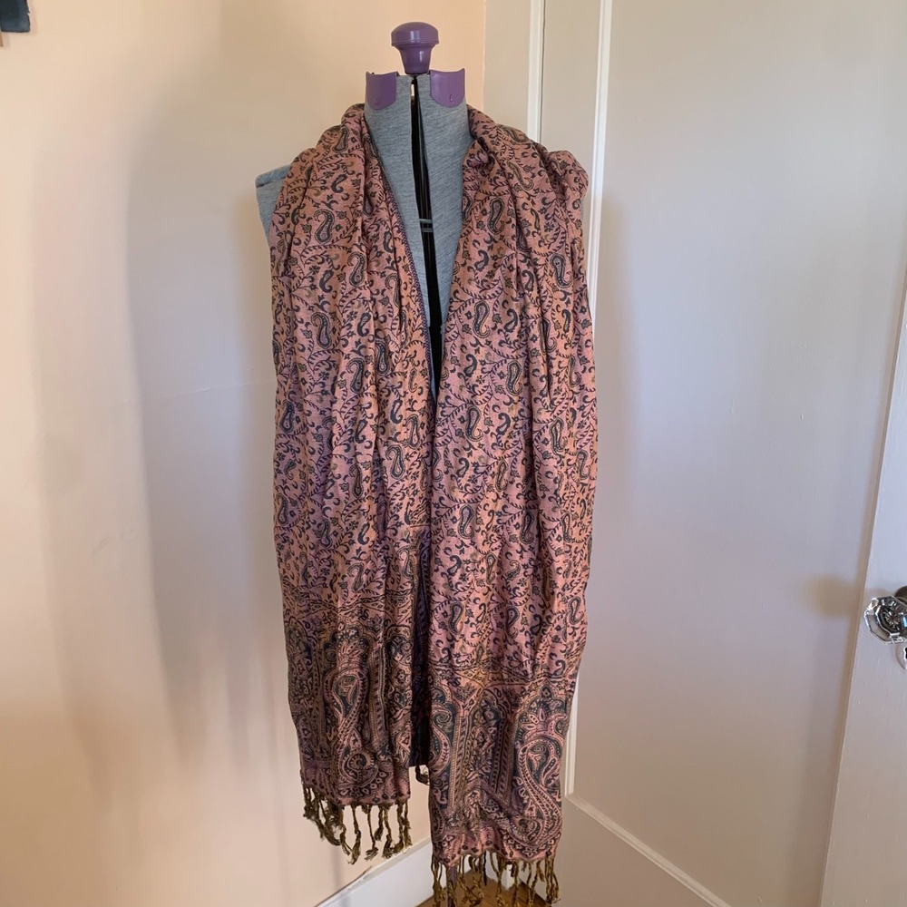 Pink Black Paisley Pashmina Scarf Wrap Fringe Shawl Oversized Reversible